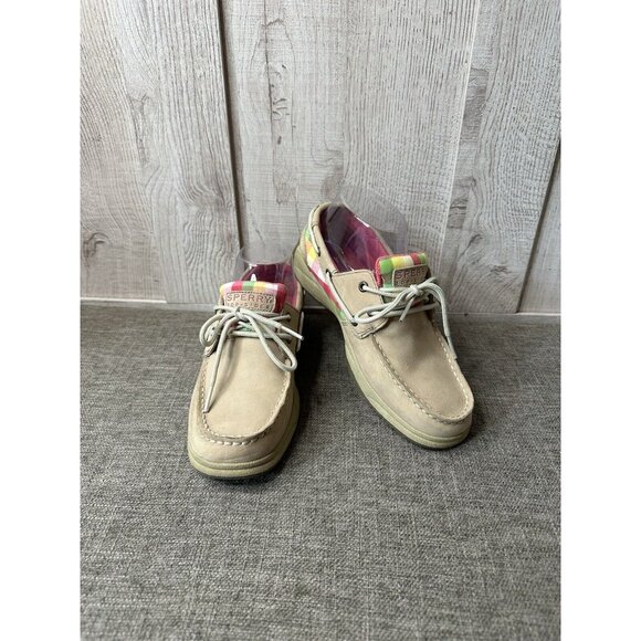 Sperry Shoes - Girls Sperry Top Sider Boat Shoes Size 4M Intrepid Tan Leather Pink Green Plaid